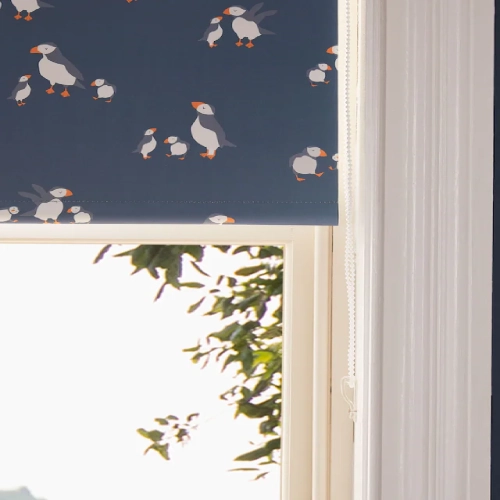 Dark Blue Blackout Roller Shade with Puffin Design