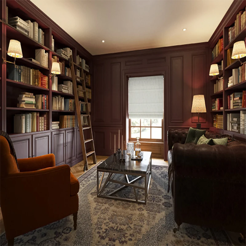 library with dark red walls, a leather sofa, bookshelves, and a window covered with a white Roman shade