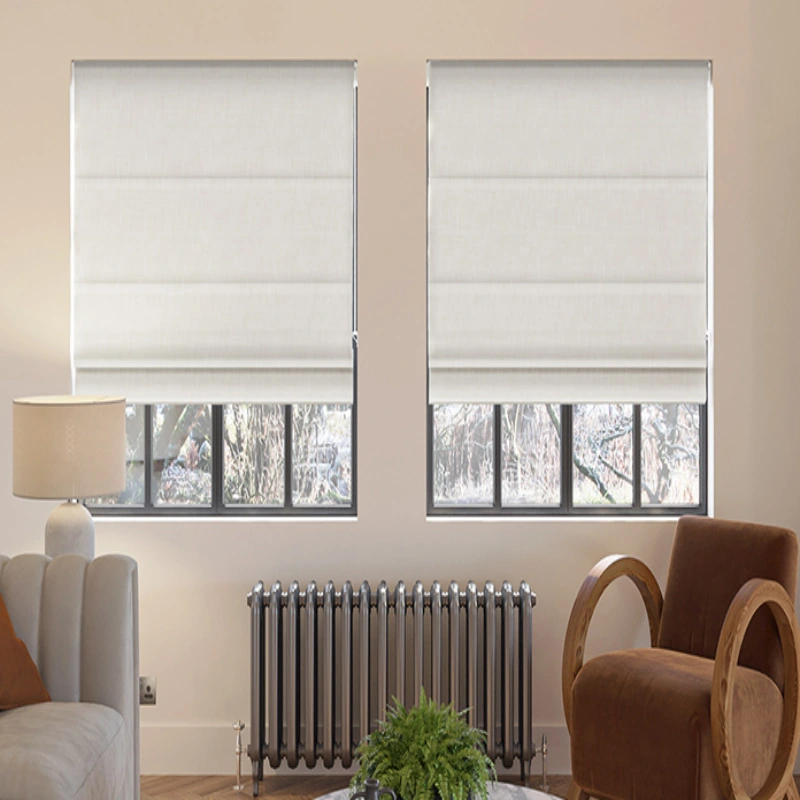 living room with a white sofa, a brown armchair, and two windows covered with white Roman shades